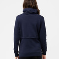 Navy maternity jumper rear view, high funnel neck, panelled nursing layer, ribbed cuffs, worn by model