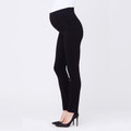 Model wearing black maternity straight-leg pants with wide over-bump support panel, side profile view