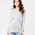 Long sleeve nursing top in silver marle with fine white horizontal stripes and relaxed swing back detail