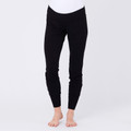 Black maternity lounge pants with fold-over waistband worn by model, slim tapered leg