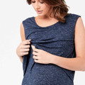 Model demonstrating nursing access on navy marl sleeveless maternity dress with scoop neck