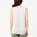 Model wearing white and navy stripe sleeveless tank, rear view showing swing back pleat detail, paired with olive trousers