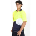 High-visibility yellow and navy short-sleeved polo shirt with contrast collar and reflective tape across chest