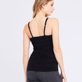 Black maternity tank top with adjustable straps shown from back, fitted silhouette with ruched side detail