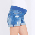 Light blue distressed denim maternity shorts with rolled cuffs and supportive blue waistband panel