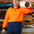 Hi-vis orange and navy two-tone long sleeve polo with contrast navy collar and chest pocket