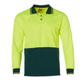 Hi-vis yellow and bottle green long sleeve polo with contrast collar and cuff striping
