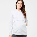 White maternity hoodie with front kangaroo pocket and drawstring hood featuring nursing access panel