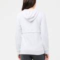 Woman wearing light grey marle nursing hoodie with hidden back panel and ribbed cuffs, rear view