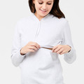 White maternity hoodie with kangaroo pocket and drawstring hood shown on model