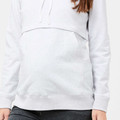 White maternity hoodie with kangaroo pocket and ribbed cuffs shown from back