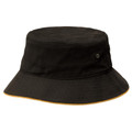 Black bucket hat with gold contrast sandwich brim and eyelet ventilation