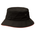 Black bucket hat with red contrast trim on wide brim and eyelet ventilation