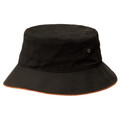Black bucket hat with orange contrast trim on underside of wide brim and eyelet ventilation