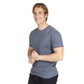 Male model wearing a charcoal heather marle crew neck T-shirt with short sleeves and modern fitted cut