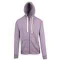 Heather purple zip-up hoodie with cream drawstrings, kangaroo pocket and ribbed cuffs