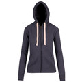Charcoal grey zip-up hoodie with contrast natural drawcords and front zipper closure
