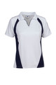 White ladies polo with navy side panels and contrast piping detail