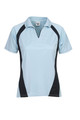 Sky blue ladies polo shirt with navy contrast side panels and short sleeves
