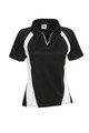 Black polo shirt with white contrast panels and short sleeves featuring V-neck collar