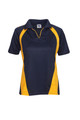 Navy blue polo shirt with golden yellow contrast panels and matching collar trim