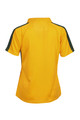 Back view of women's golden yellow polo shirt with dark green shoulder contrast panels and mini-waffle texture
