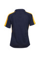 Navy and gold ladies polo shirt back view with contrast shoulder panels and short sleeves