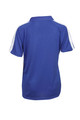 Royal blue ladies polo shirt rear view, white contrast raglan sleeve panels, mini-waffle texture, short sleeve