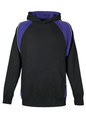 Black hoodie with purple contrast panels on shoulders and sides, featuring white piping detail