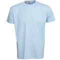 Pale blue crew neck t-shirt with short sleeves and slim fit silhouette displayed on white background