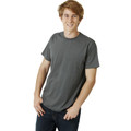 Charcoal grey crew neck t-shirt with short sleeves and slim fit silhouette on male model
