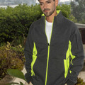 Charcoal grey high neck jacket with safety yellow contrast panels and full zip front
