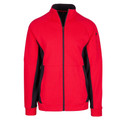 Bright red heavyweight jacket with black contrast side panels and high collar, featuring full-length front zipper