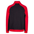Black and red contrast raglan jacket with high neck collar, back view showing colour block design