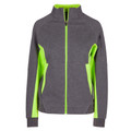 Charcoal grey high neck jacket with lime green contrast panels, full-length zipper and side pockets