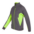 Charcoal grey high neck jacket with lime green contrast sleeves, collar and zipper detailing