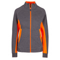 Charcoal grey jacket with bright orange contrast zipper, collar trim, side panels and sleeve inserts