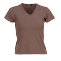 Women's taupe brown v-neck t-shirt with short sleeves and fitted silhouette