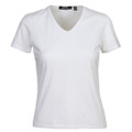 White women's stretch v-neck t-shirt with short sleeves and fitted silhouette
