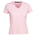 Soft pink women's fitted v-neck t-shirt with short sleeves and smooth stretch fabric finish
