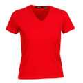 Bright red women's fitted v-neck tee with short sleeves and smooth stretch fabric
