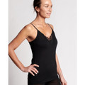 Black merino wool blend camisole with lace-trimmed V-neckline and thin adjustable straps