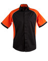 Black short sleeve shirt with orange contrast panels and white piping detail