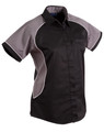 Black short sleeve work shirt with charcoal grey contrast panels and white piping trim