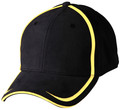 Black cotton twill cap with yellow contrast piping along crown seams and peak edge