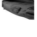 Close-up of charcoal heather backpack side pocket with built-in USB charging port and ventilation panel
