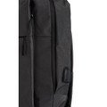 Close-up of charcoal heather backpack showing zip pocket, padded strap and USB port detail