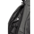 Charcoal heather backpack interior showing open front pocket with USB charging cable port access