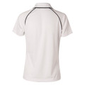 White polo shirt with black contrast piping detail along raglan sleeves and collar, shown from back view