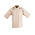 Cream polo shirt with black contrast piping on raglan sleeves and collar trim